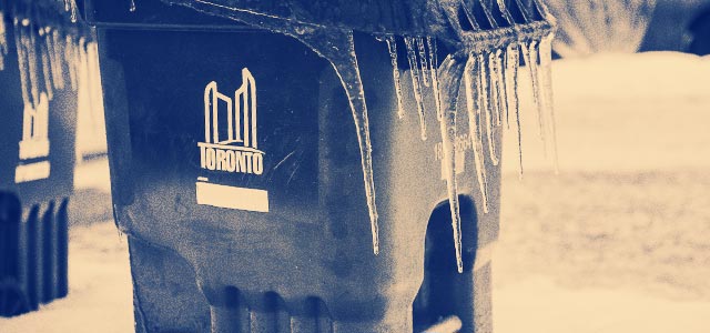 ice storm in toronto iced recycling bin